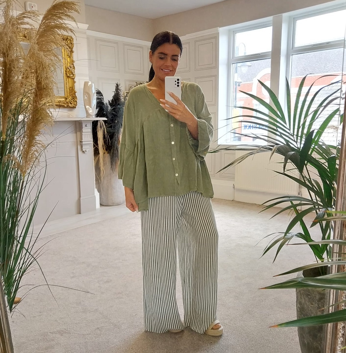 Khaki Striped Linen Palazzo Pants